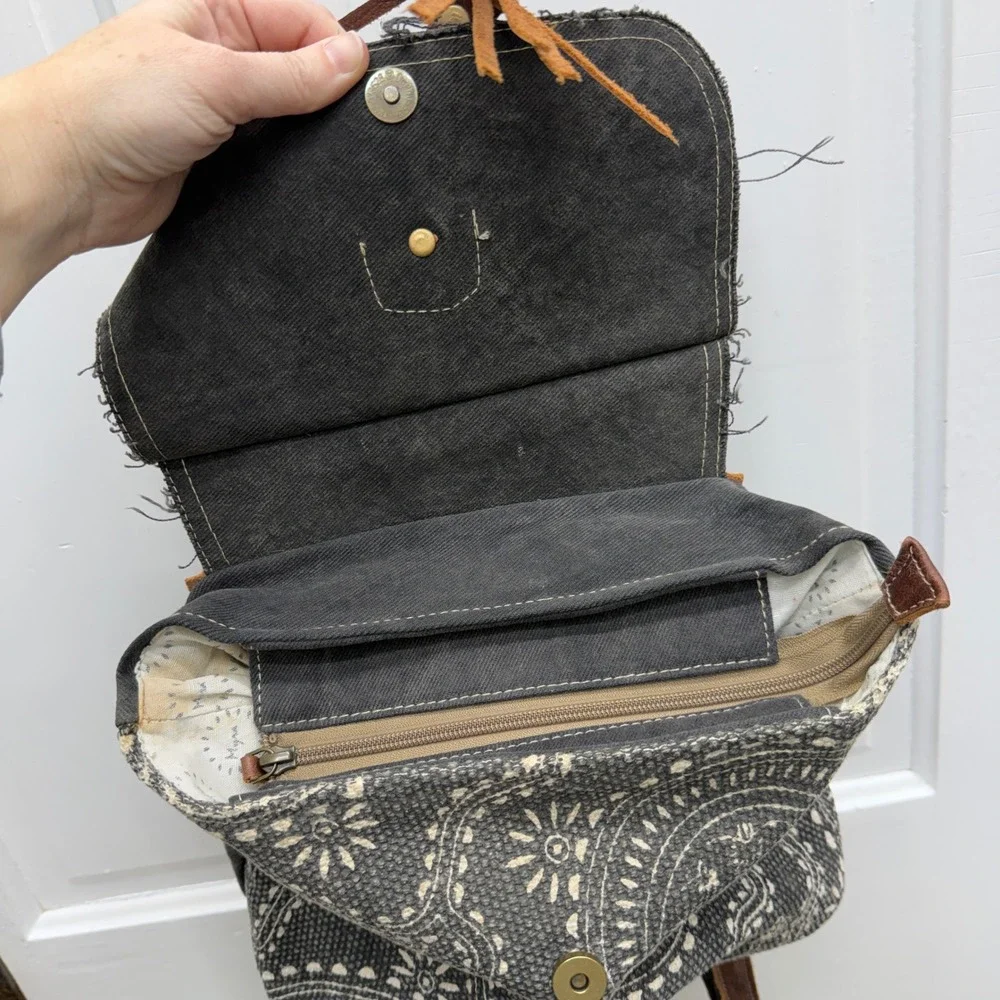 Myra Bag Carry Me back pack cow hide white grey paisley‎ canvas 10.5 x 3.5 x 9.5